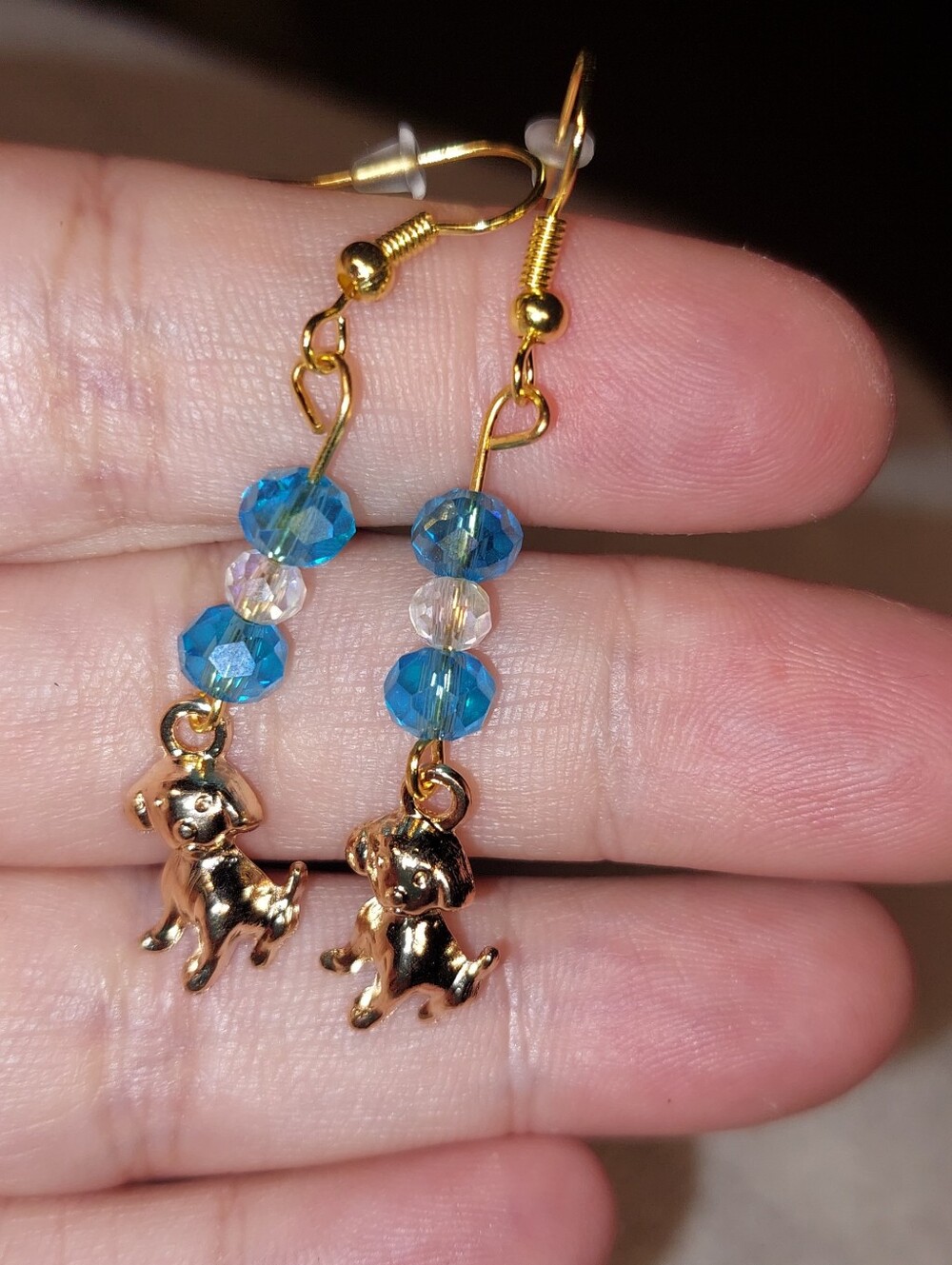 Goldtone Dog Charm Earrings with Blue Crystal Beads - Women Jewelry